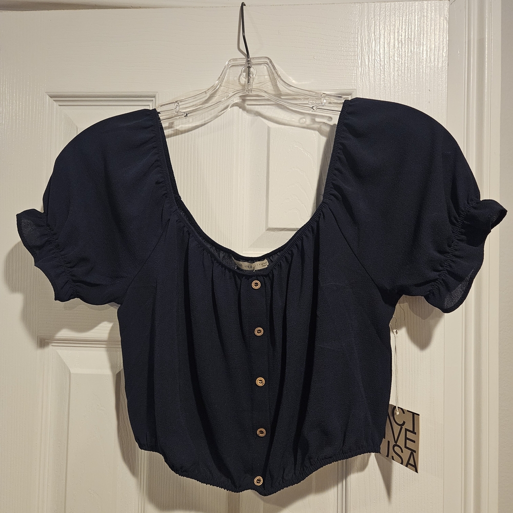 Navy Blue Puff Sleeve Button-Up Top
